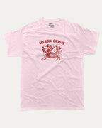 Merry Crisis graphic tee with bold and humorous print, Perfect Gift for Christmas, X Mas Graphic T shirt, X-mas Gift, funny and trendy graphic. Perfect for adults and gift-giving. Pink shirt.