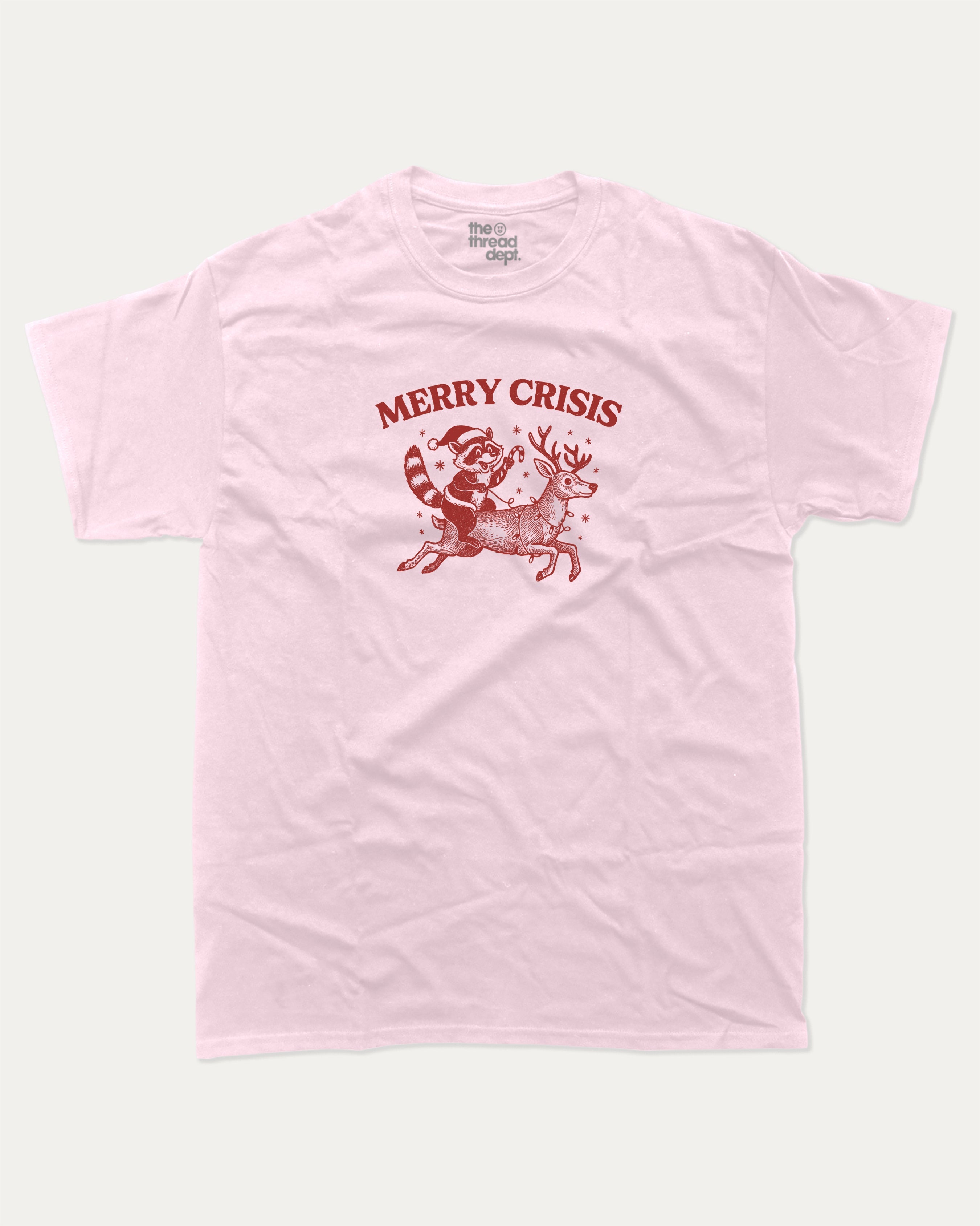 Merry Crisis graphic tee with bold and humorous print, Perfect Gift for Christmas, X Mas Graphic T shirt, X-mas Gift, funny and trendy graphic. Perfect for adults and gift-giving. Pink shirt.