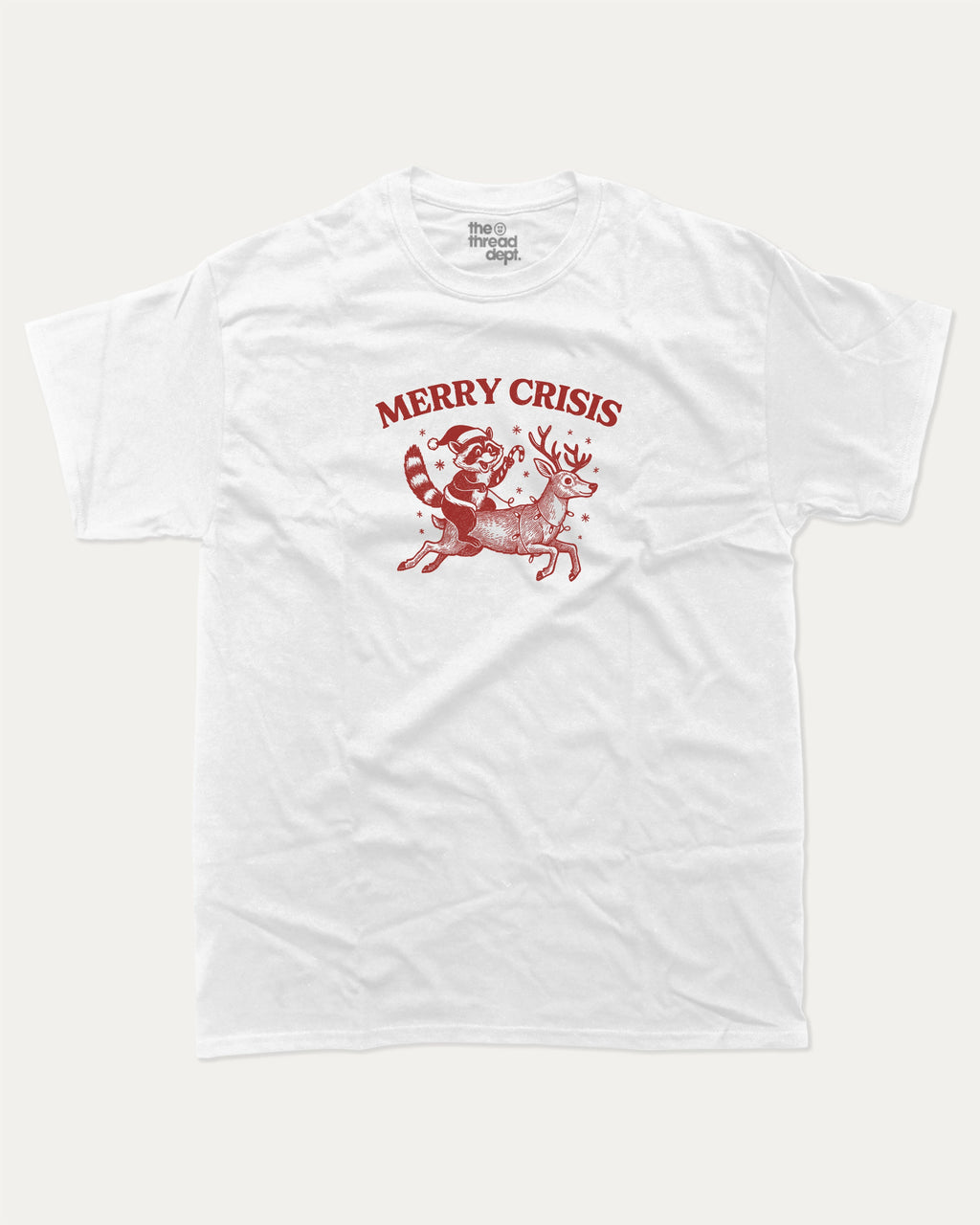 Merry Crisis graphic tee with bold and humorous print, Perfect Gift for Christmas, X Mas Graphic T shirt, X-mas Gift, funny and trendy graphic. Perfect for adults and gift-giving. White shirt.