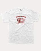 Merry Crisis graphic tee with bold and humorous print, Perfect Gift for Christmas, X Mas Graphic T shirt, X-mas Gift, funny and trendy graphic. Perfect for adults and gift-giving. White shirt.
