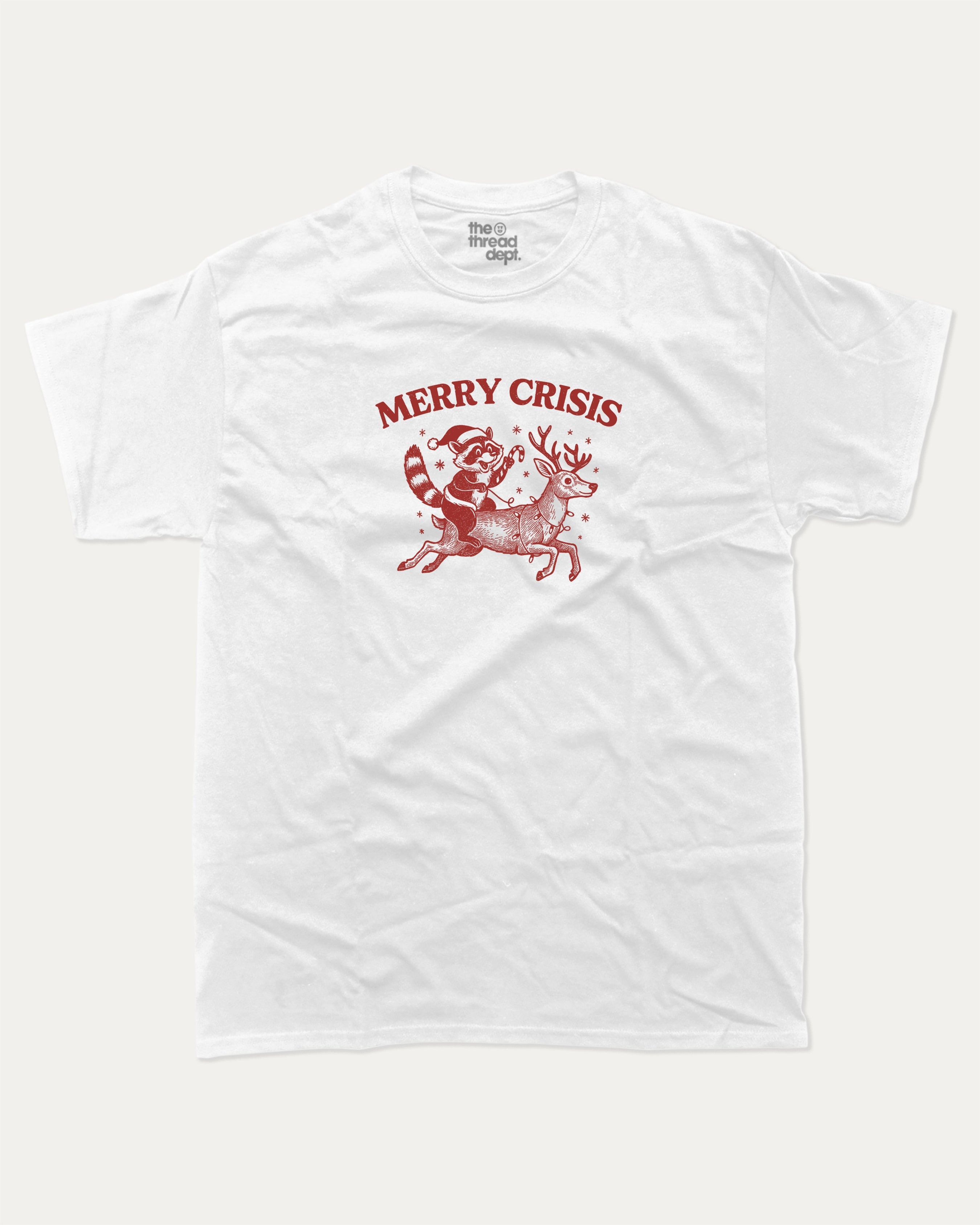 Merry Crisis graphic tee with bold and humorous print, Perfect Gift for Christmas, X Mas Graphic T shirt, X-mas Gift, funny and trendy graphic. Perfect for adults and gift-giving. White shirt.