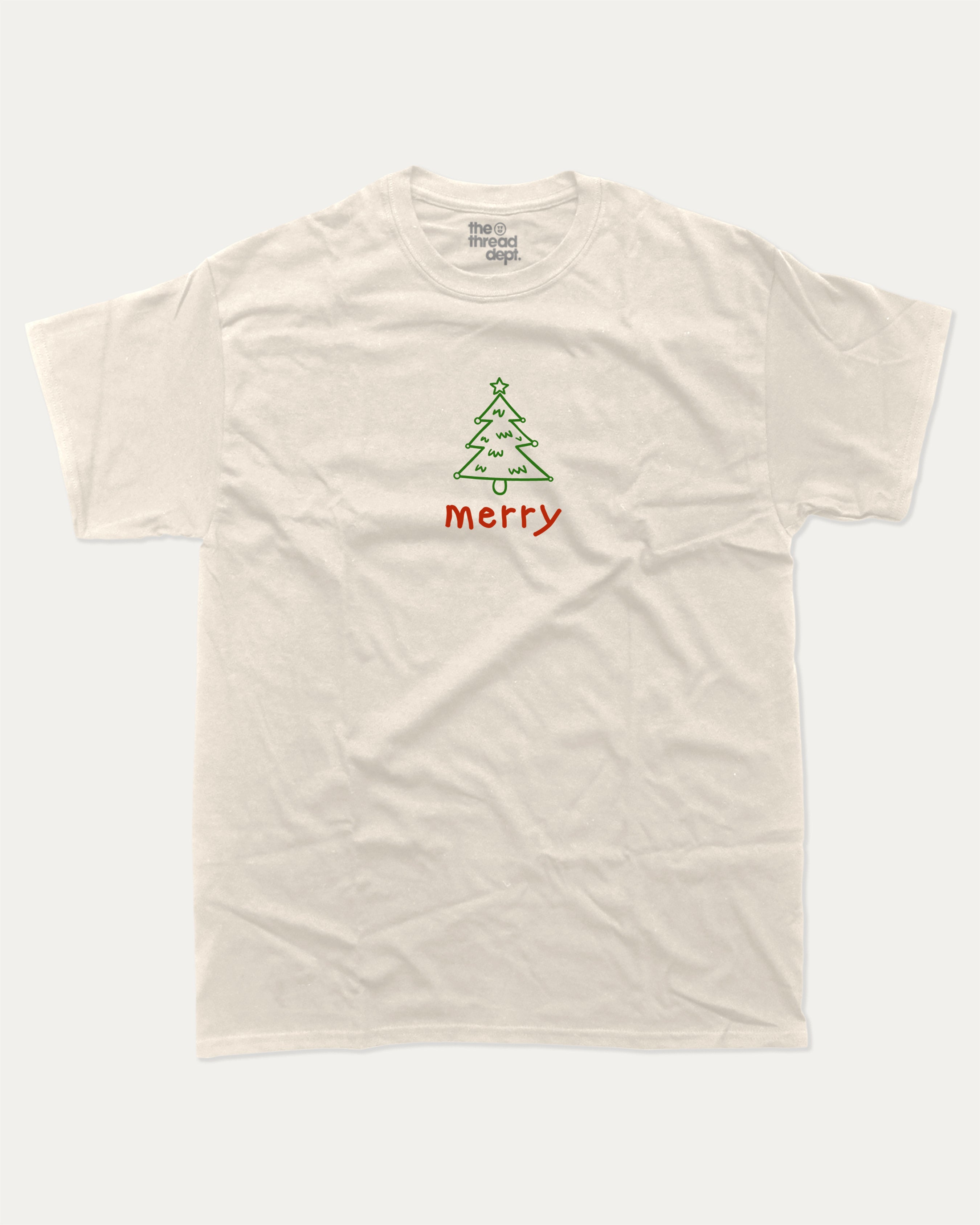 Merry graphic tee with bold and humorous print, Perfect Gift for Christmas, X Mas Graphic T shirt, X-mas Gift, funny and trendy graphic. Perfect for adults and gift-giving. Cream shirt.