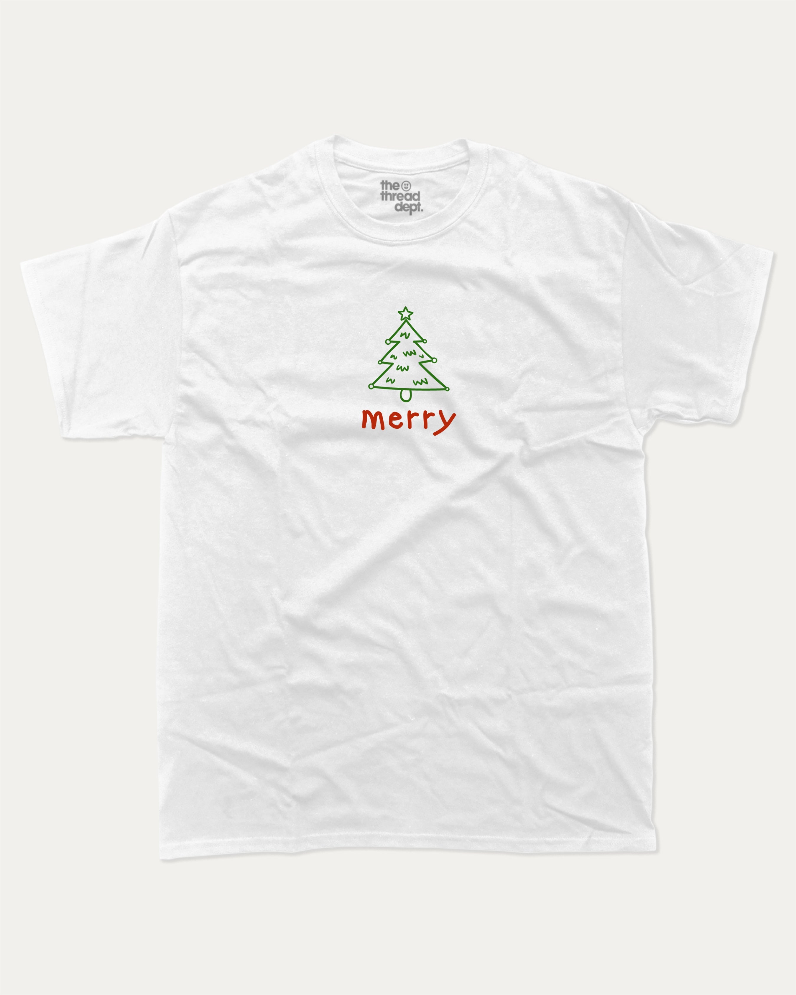 Merry graphic tee with bold and humorous print, Perfect Gift for Christmas, X Mas Graphic T shirt, X-mas Gift, funny and trendy graphic. Perfect for adults and gift-giving. White shirt.
