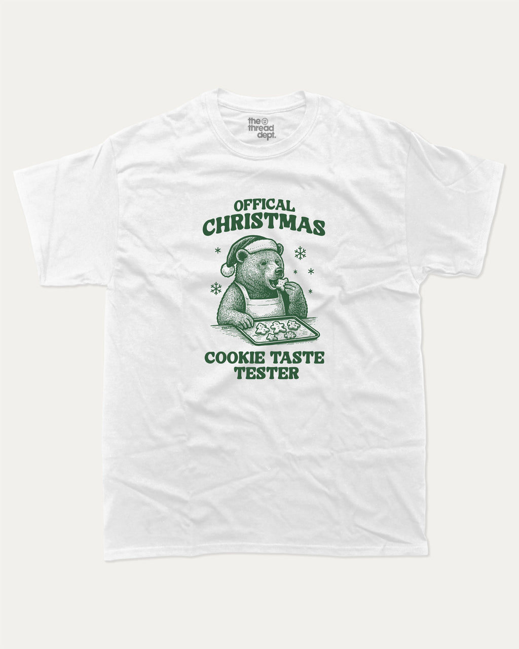 Official Christmas Cookie Taste Tester graphic tee with bold and humorous print, funny and trendy graphic. Perfect Gift for Christmas, X-Mas Gift,  Perfect for adults and gift-giving. White shirt.