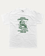Official Christmas Cookie Taste Tester graphic tee with bold and humorous print, funny and trendy graphic. Perfect Gift for Christmas, X-Mas Gift,  Perfect for adults and gift-giving. White shirt.