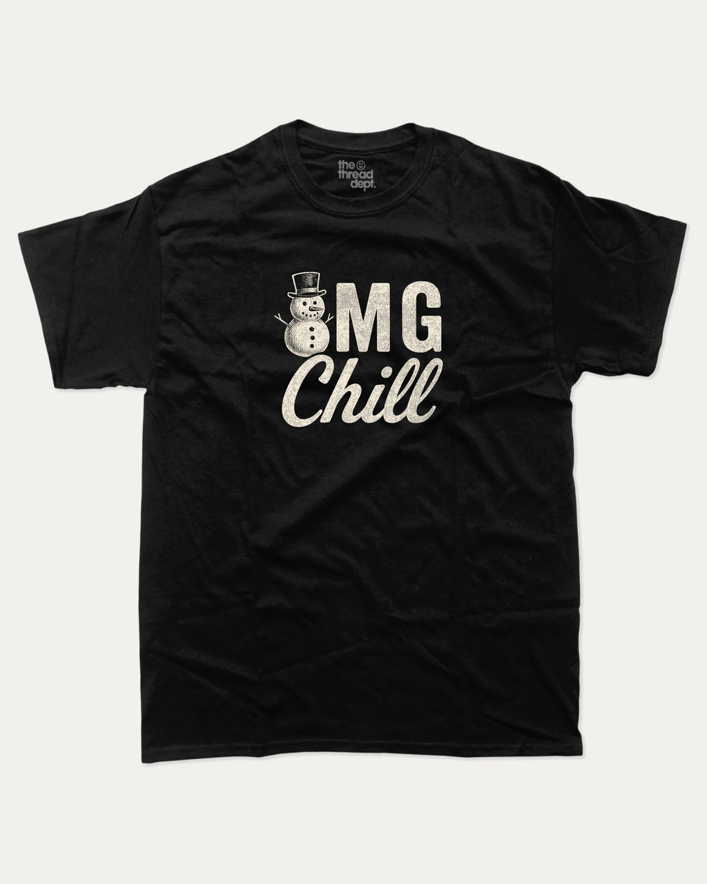 Omg Chill graphic tee with bold and humorous print, funny and trendy graphic. Perfect for adults and gift-giving. Black shirt.