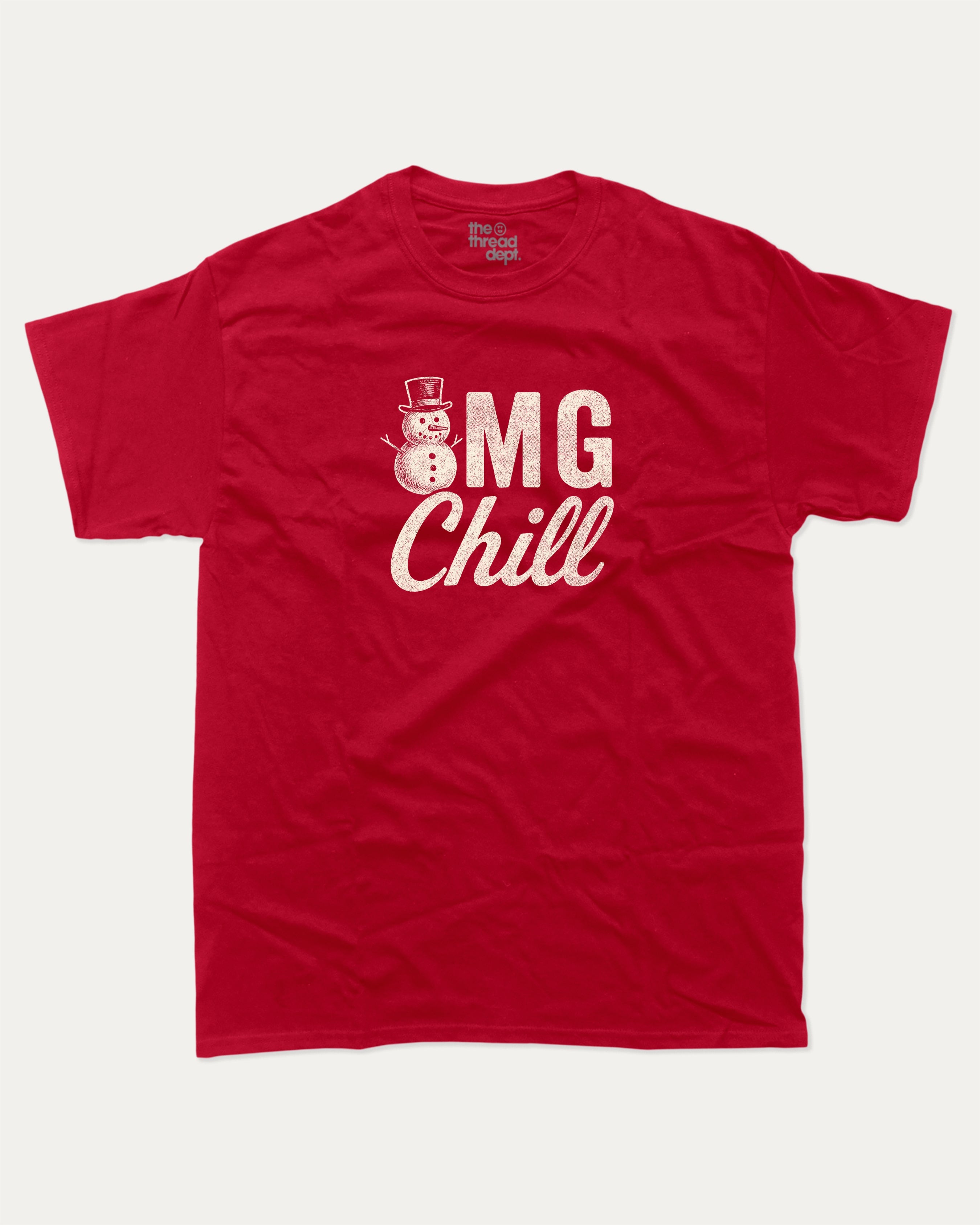 Omg Chill graphic tee with bold and humorous print, funny and trendy graphic. Perfect for adults and gift-giving. Cardinal shirt.