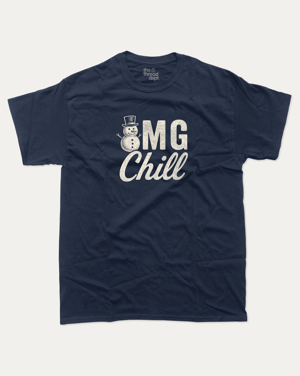 Omg Chill graphic tee with bold and humorous print, funny and trendy graphic. Perfect for adults and gift-giving. True Navy shirt.