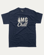 Omg Chill graphic tee with bold and humorous print, funny and trendy graphic. Perfect for adults and gift-giving. True Navy shirt.