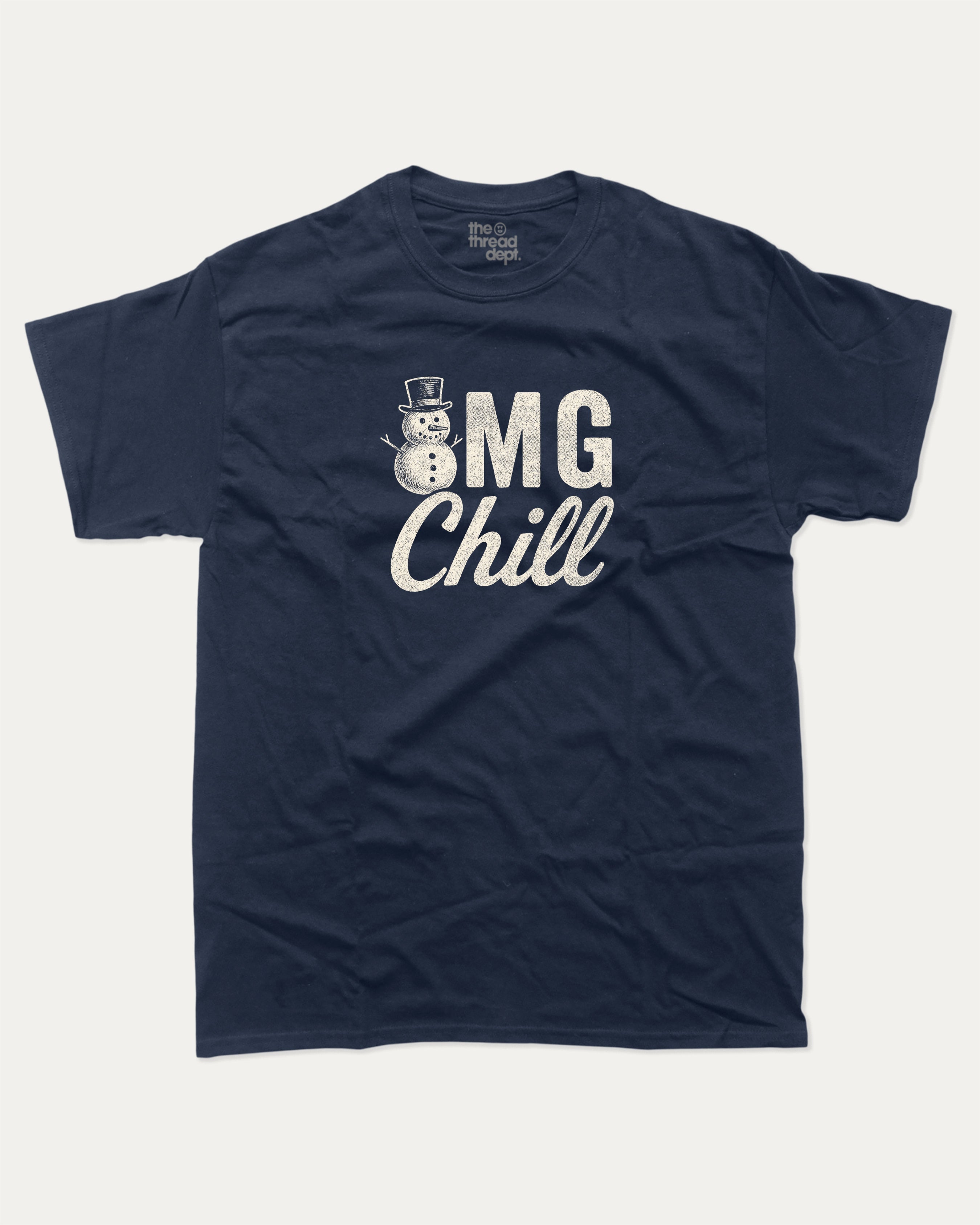 Omg Chill graphic tee with bold and humorous print, funny and trendy graphic. Perfect for adults and gift-giving. True Navy shirt.