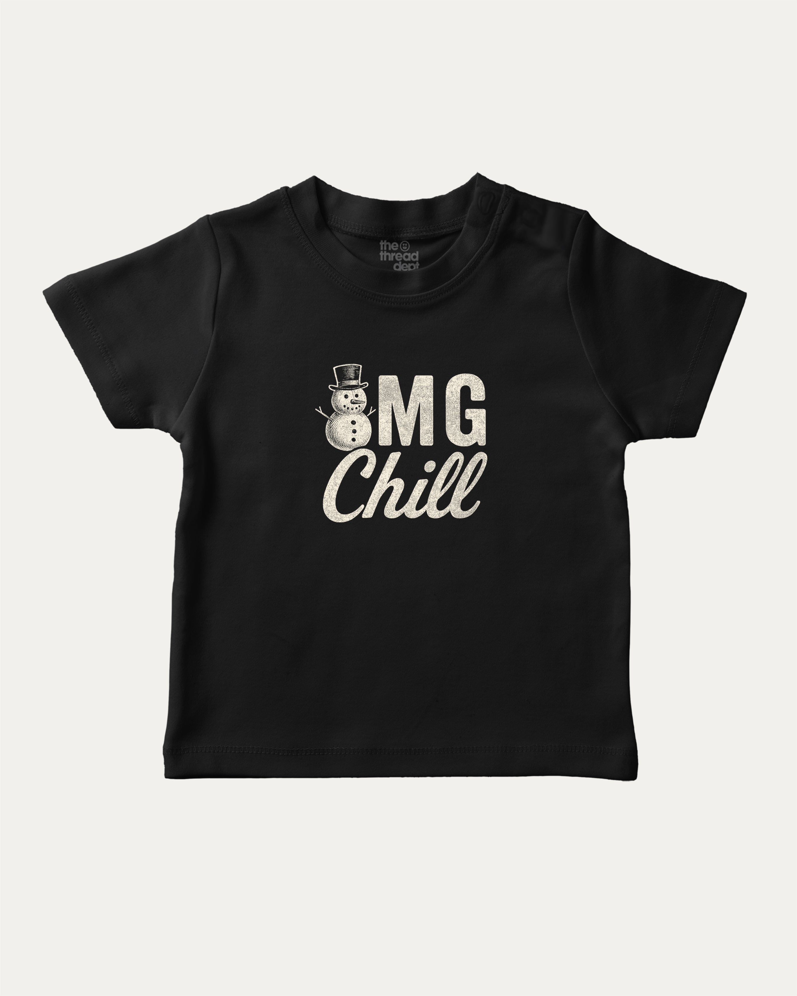 Omg Chill graphic tee with bold and humorous print, funny and trendy graphic. Perfect for adults and gift-giving. Black shirt.