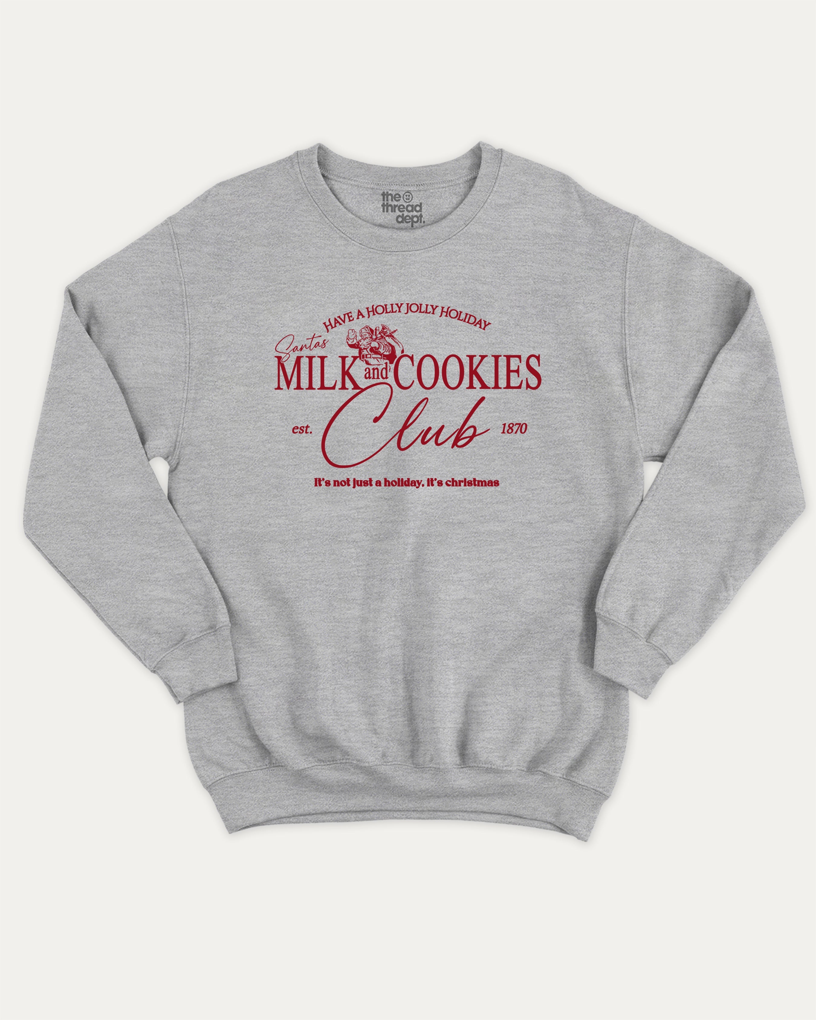 Santa's Milk and cookies graphic sweatshirt with bold and humorous print, Perfect Gift for Christmas, X-mas Gift T shirt, Cozy X-mas tee, warm and cozy graphic for everyday wear. Perfect for adults and gift-giving. Heather Grey pullover.