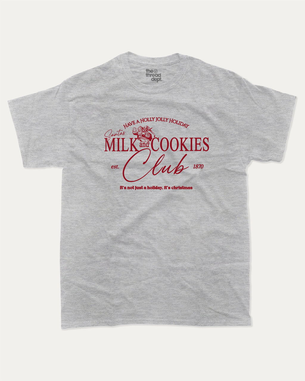 Santa's Milk and cookies graphic tee with bold and humorous print, Perfect Gift for Christmas, X-mas Gift T shirt, Cozy X-mas tee, funny and trendy graphic. Perfect for adults and gift-giving. Heather Grey shirt.