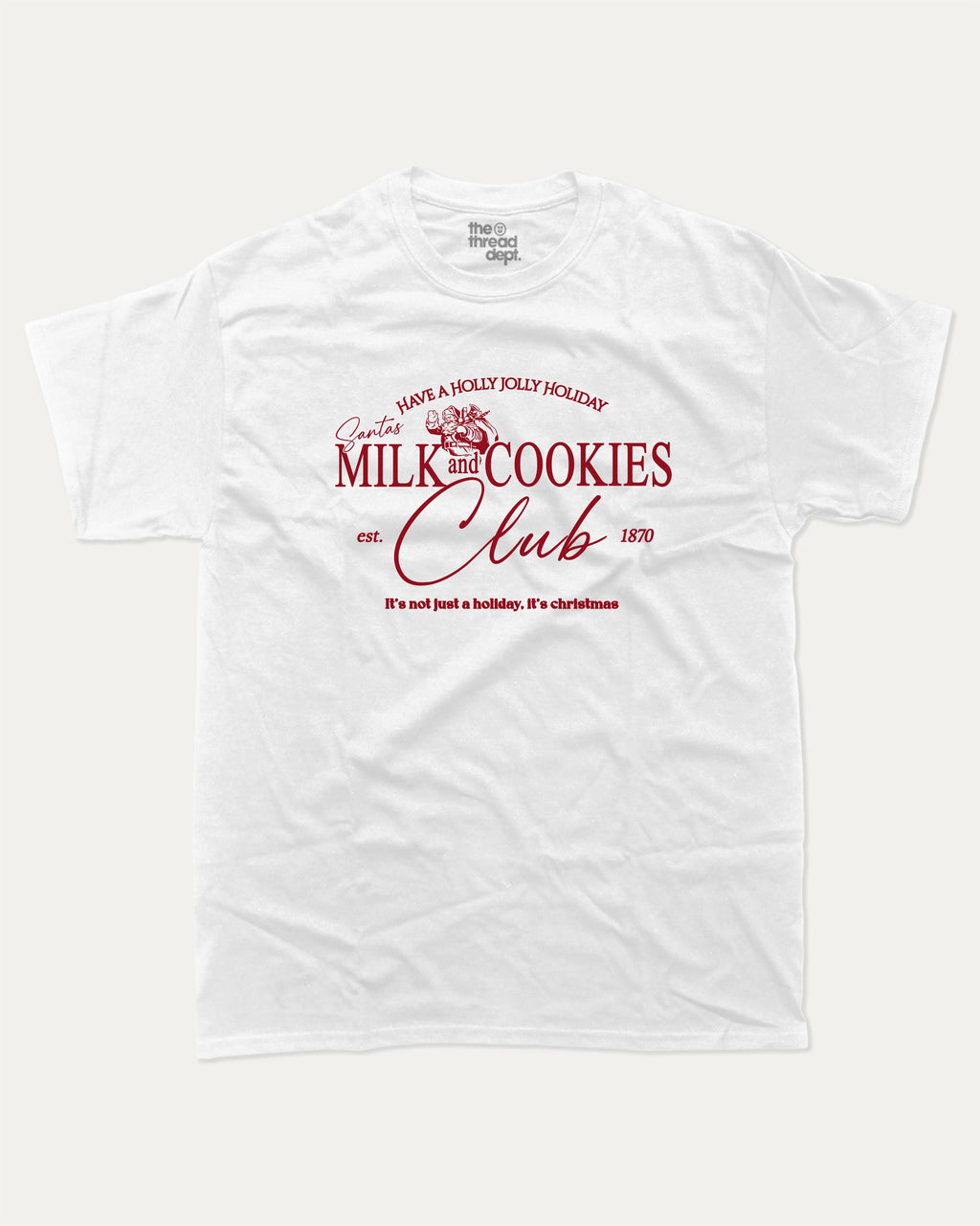 Santa's Milk and cookies graphic tee with bold and humorous print, Perfect Gift for Christmas, X-mas Gift T shirt, Cozy X-mas tee, funny and trendy graphic. Perfect for adults and gift-giving. White shirt.