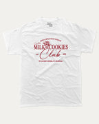 Santa's Milk and cookies graphic tee with bold and humorous print, Perfect Gift for Christmas, X-mas Gift T shirt, Cozy X-mas tee, funny and trendy graphic. Perfect for adults and gift-giving. White shirt.