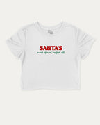 Santa's Most Special Helper graphic crop tee with funny and trendy slogan print, Perfect Gift for Christmas, Christmas Gift, X-mas Gift for friends, perfect for women_ casual looks or layering. White crop t-shirt.