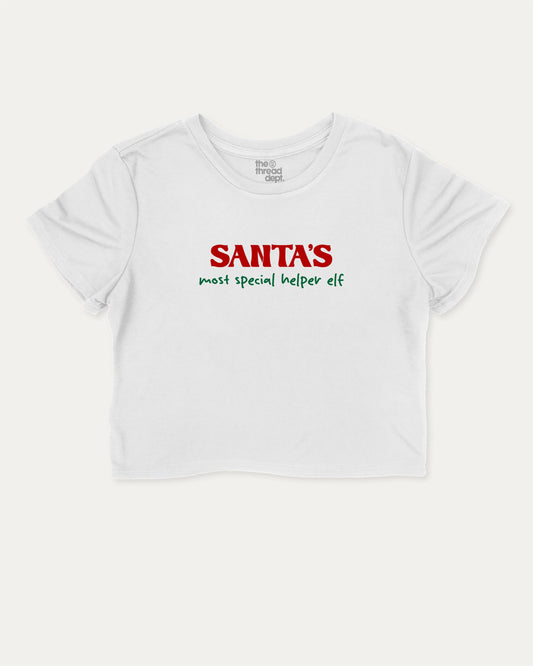 Santa's Most Special Helper graphic crop tee with funny and trendy slogan print, Perfect Gift for Christmas, Christmas Gift, X-mas Gift for friends, perfect for women’s casual looks or layering. White crop t-shirt.