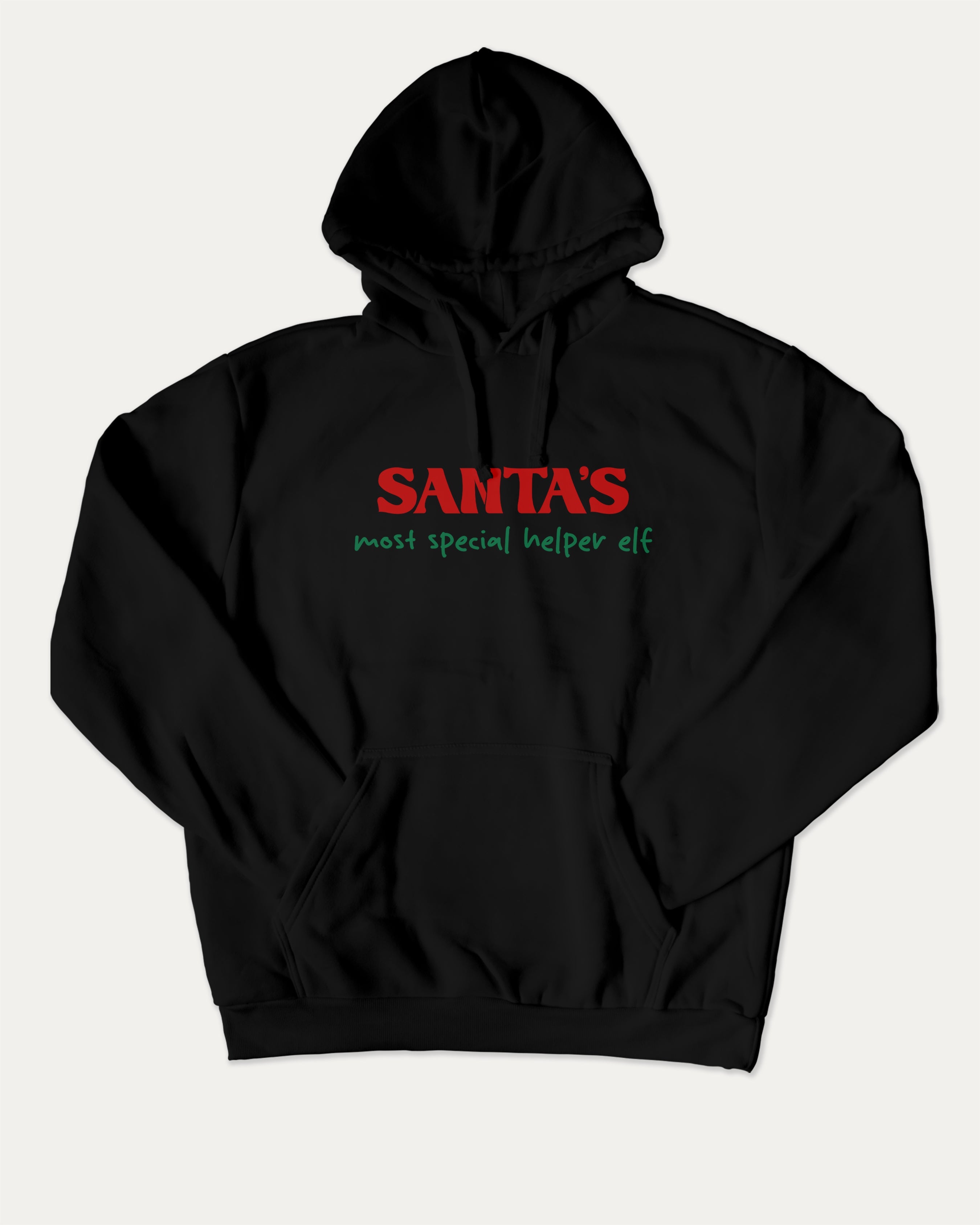 Santa's Most Special Helper graphic hoodie with funny and trendy artwork, casual streetwear with bold personality. Great for adults and gifting. Black hoodie.