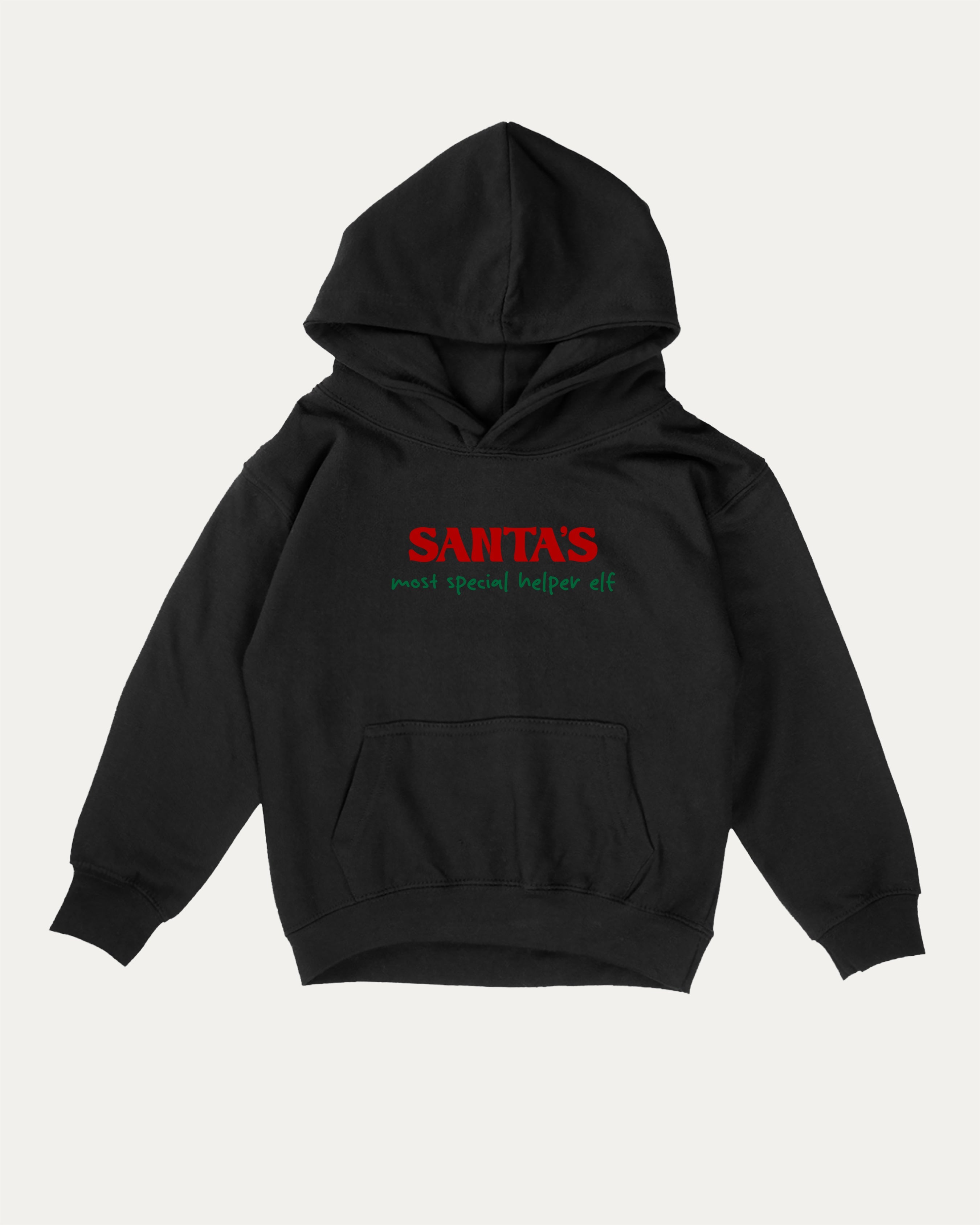 Santa's Most Special Helper kids graphic hoodie with cozy fit and fun design, perfect for school, play, and gifting. Black kids sweater.