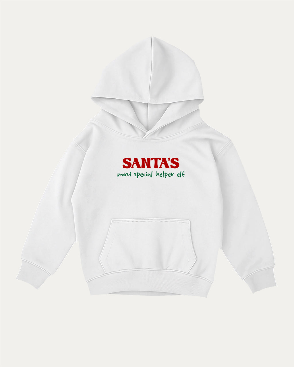 Santa's Most Special Helper kids graphic hoodie with cozy fit and fun design, perfect for school, play, and gifting. White kids sweater.
