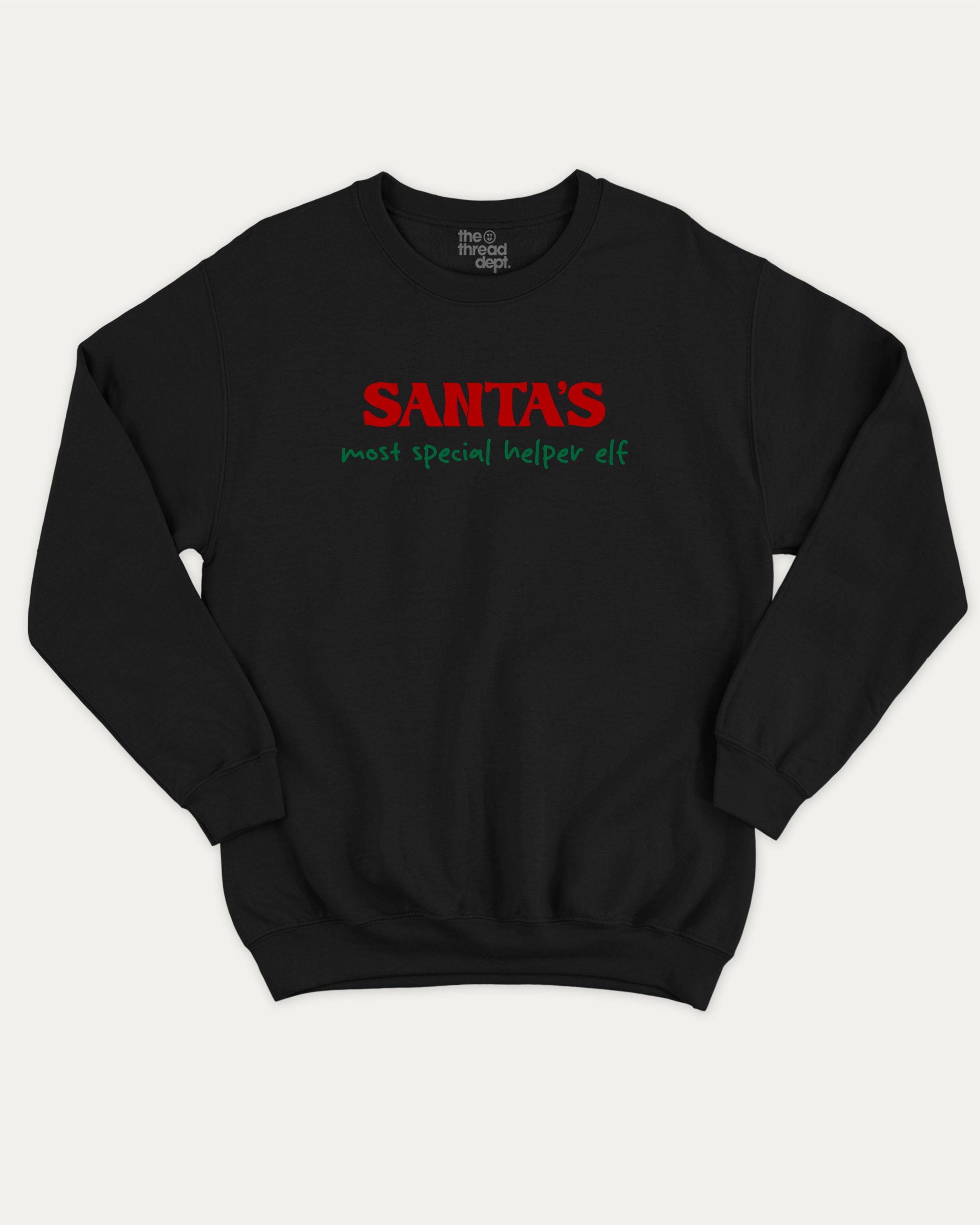 Santa's Most Special Helper graphic sweatshirt with bold and humorous print, Perfect Gift for Christmas, Christmas Gift, X-mas Gift for friends, warm and cozy graphic for everyday wear. Perfect for adults and gift-giving. Black pullover.