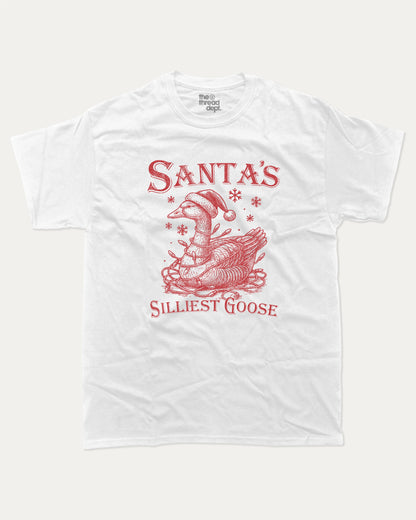 Santa's Silliest Goose graphic t-shirt, Perfect gift for christmas, Christmas T shirt, fun Christmas T shirt, A must-have funny tee, trending meme shirt, unique gift idea. White.