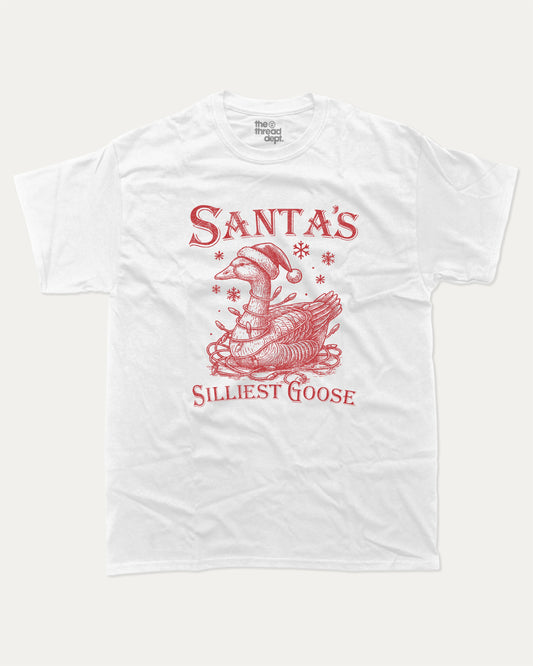 Santa's Silliest Goose graphic t-shirt, Perfect gift for christmas, Christmas T shirt, fun Christmas T shirt, A must-have funny tee, trending meme shirt, unique gift idea. White.