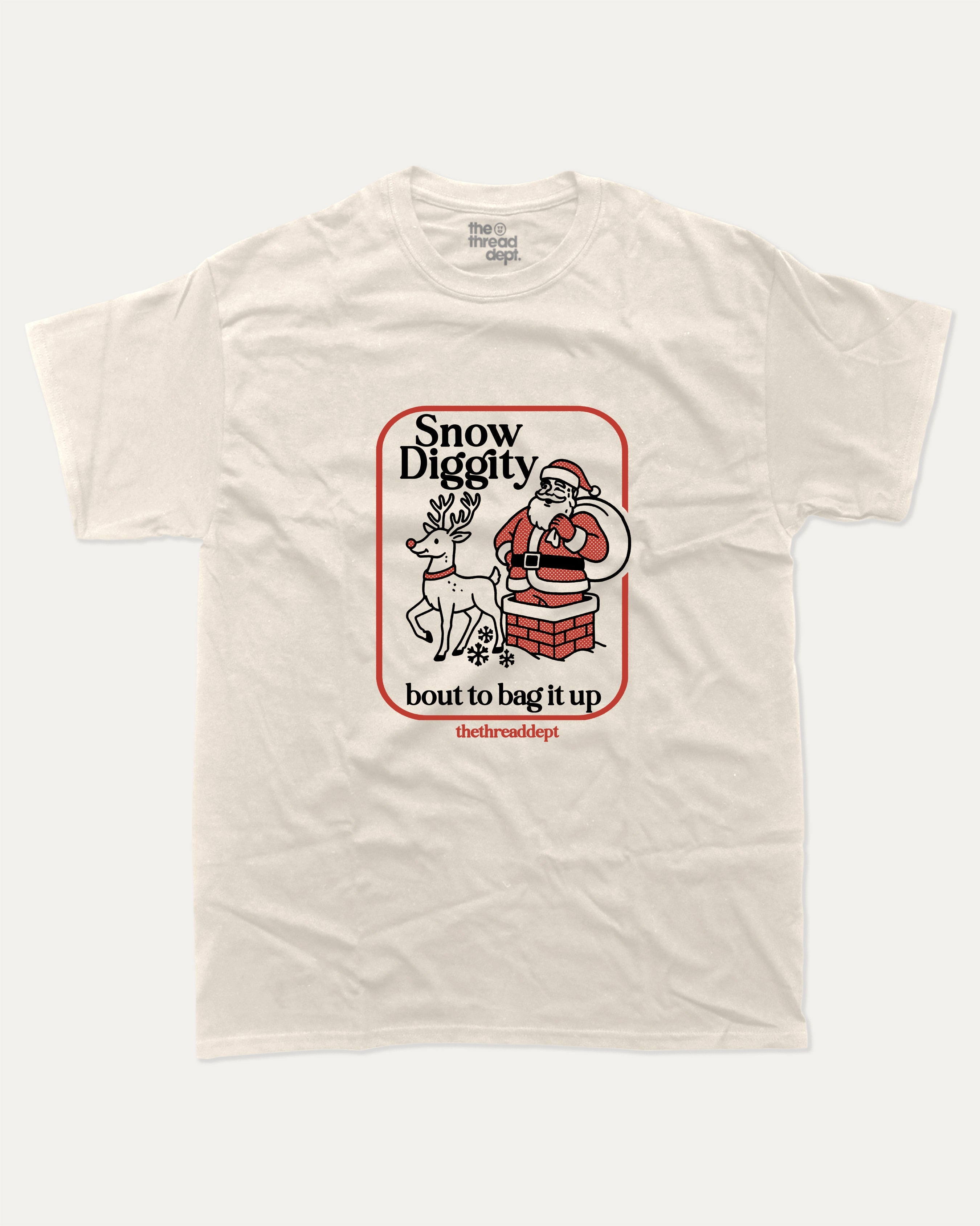 Snow Diggity graphic t-shirt, perfect for adults. A must-have funny tee, Christmas gift T Shirt, Funny Graphic Tee, X mas Tee, Merry Christmas, unique gift idea. Cream.