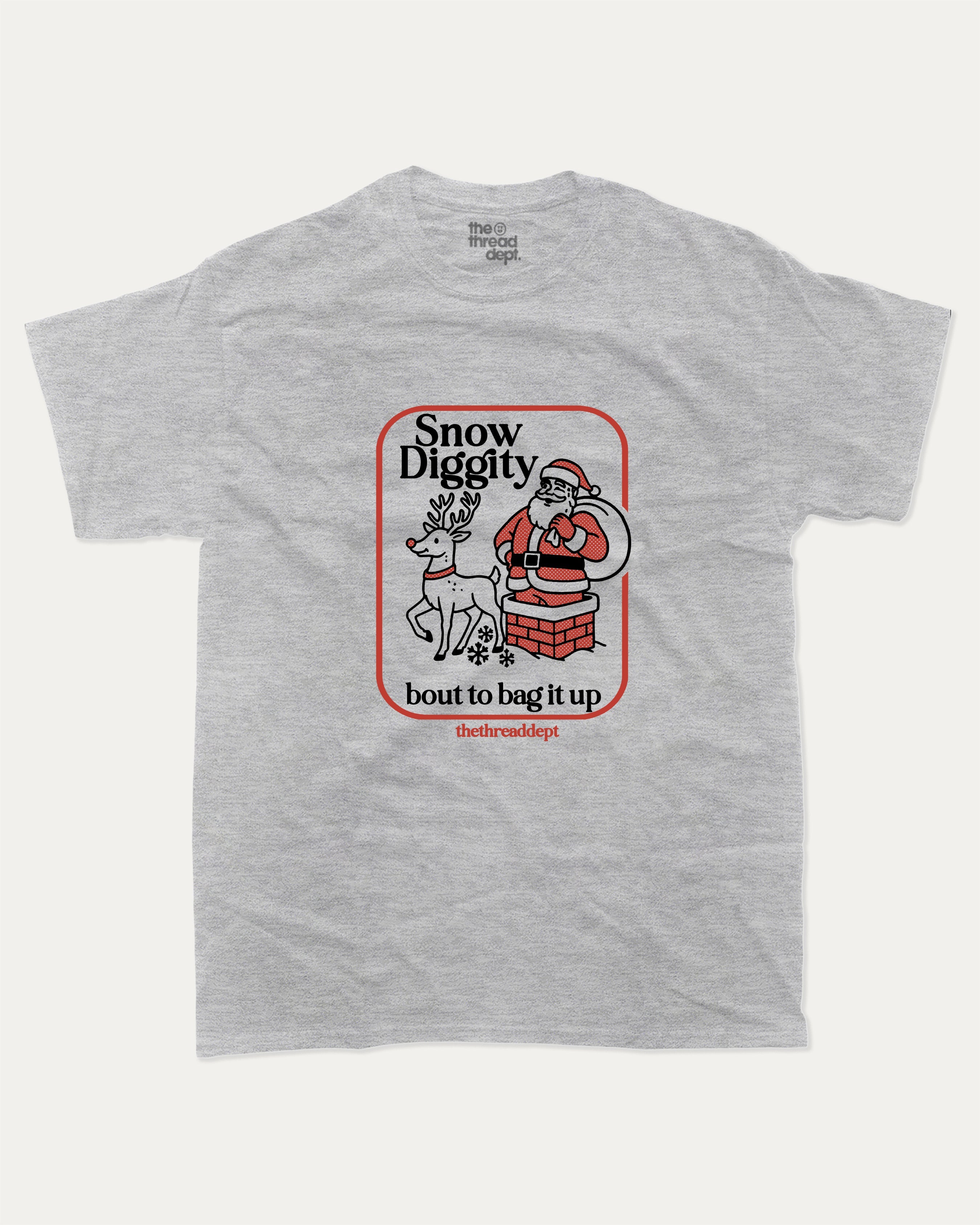 Snow Diggity graphic t-shirt, perfect for adults. A must-have funny tee, Christmas gift T Shirt, Funny Graphic Tee, X mas Tee, Merry Christmas, unique gift idea. Heather Grey.