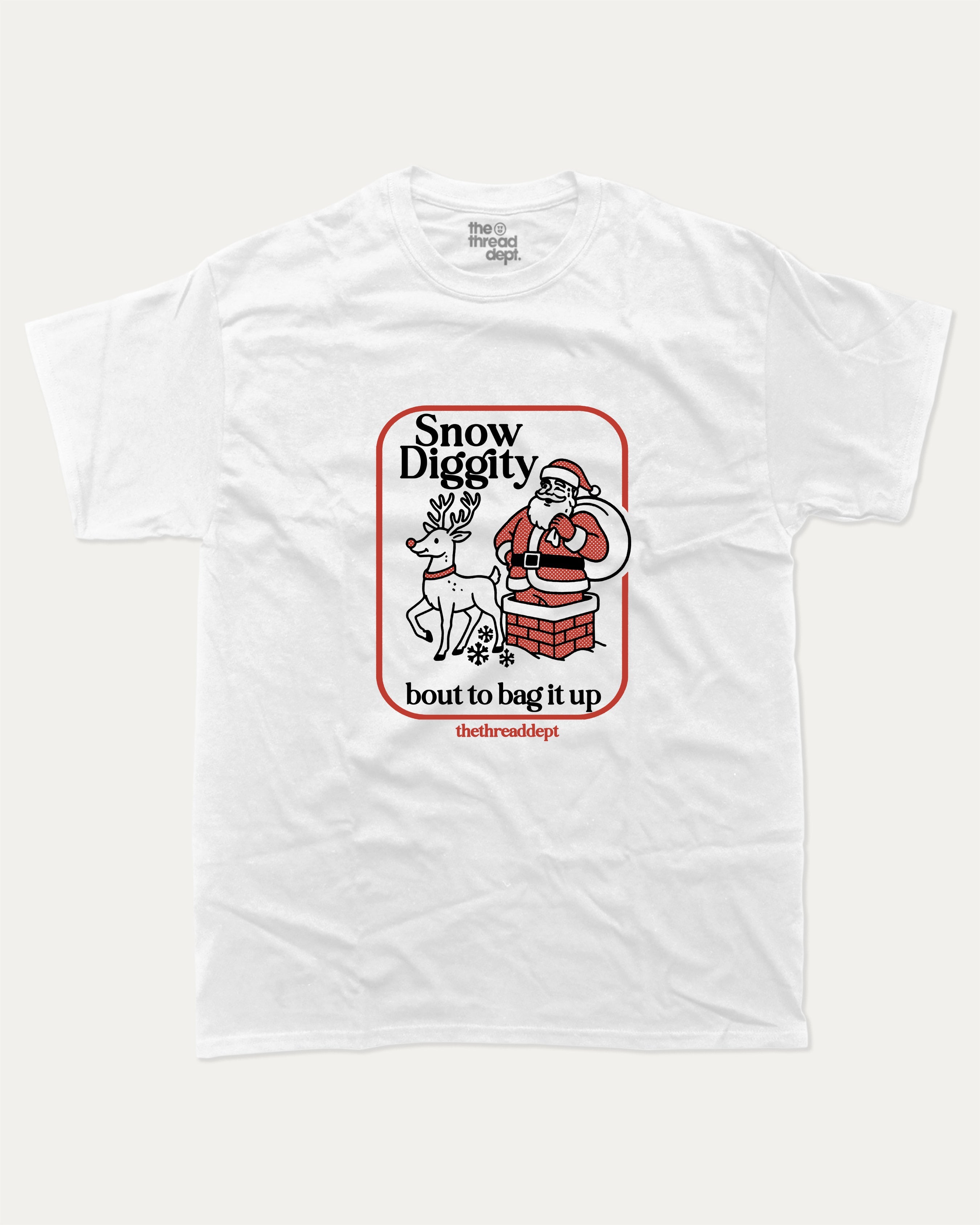Snow Diggity graphic t-shirt, perfect for adults. A must-have funny tee, Christmas gift T Shirt, Funny Graphic Tee, X mas Tee, Merry Christmas, unique gift idea. White.