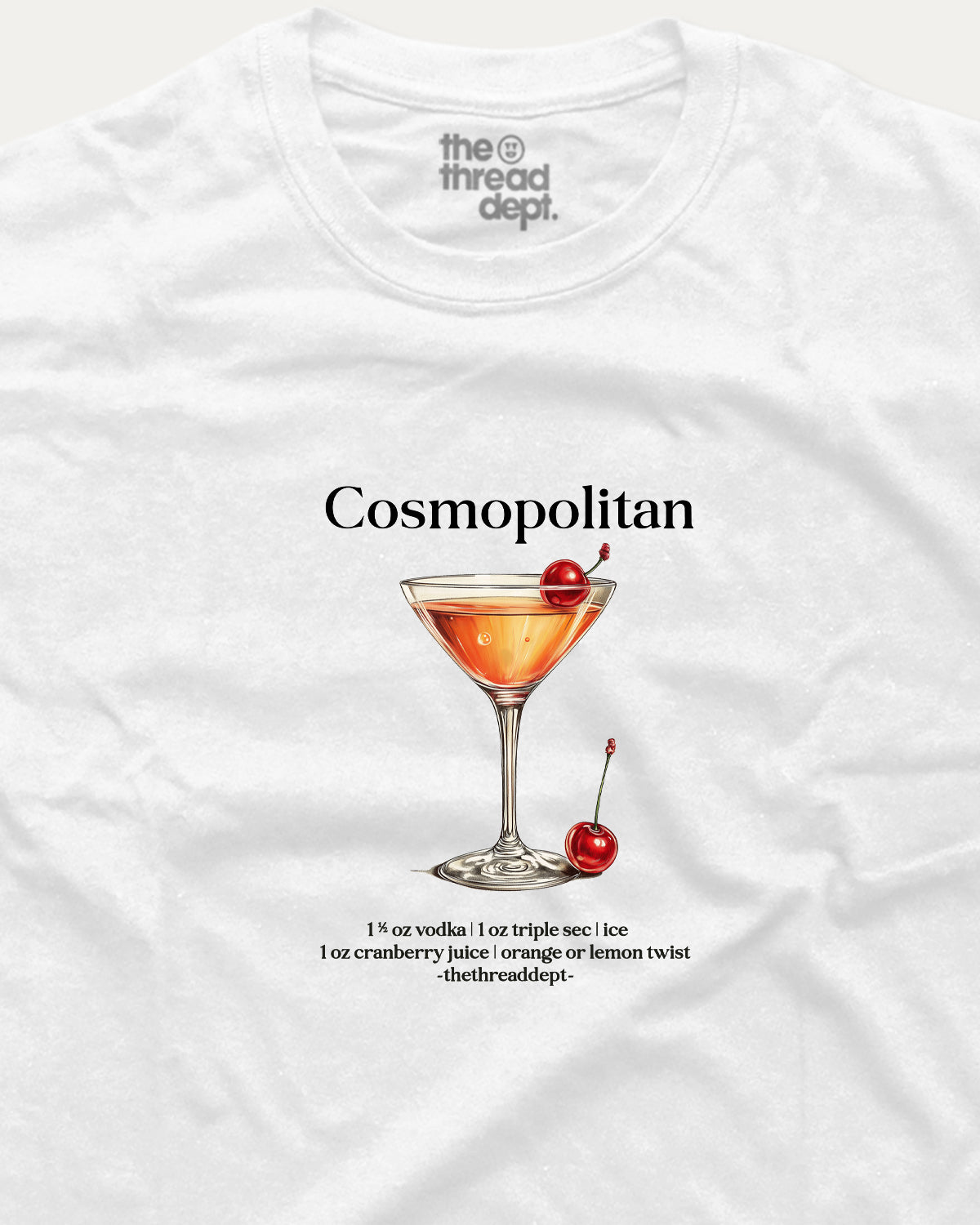 White t-shirt with a Cosmopolitan cocktail graphic and recipe on a white background