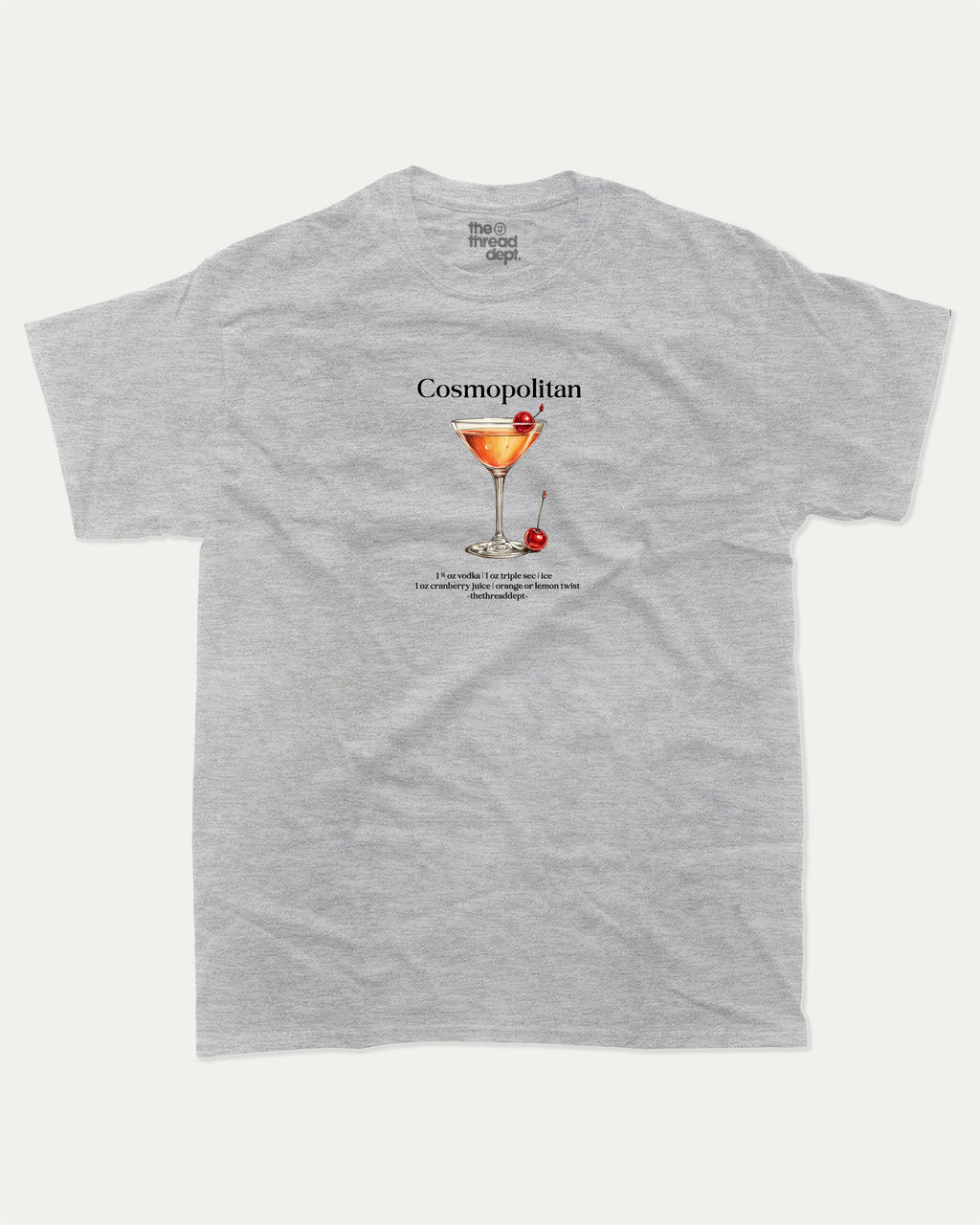 Gray t-shirt with a graphic of a cosmopolitan cocktail and text on a white background