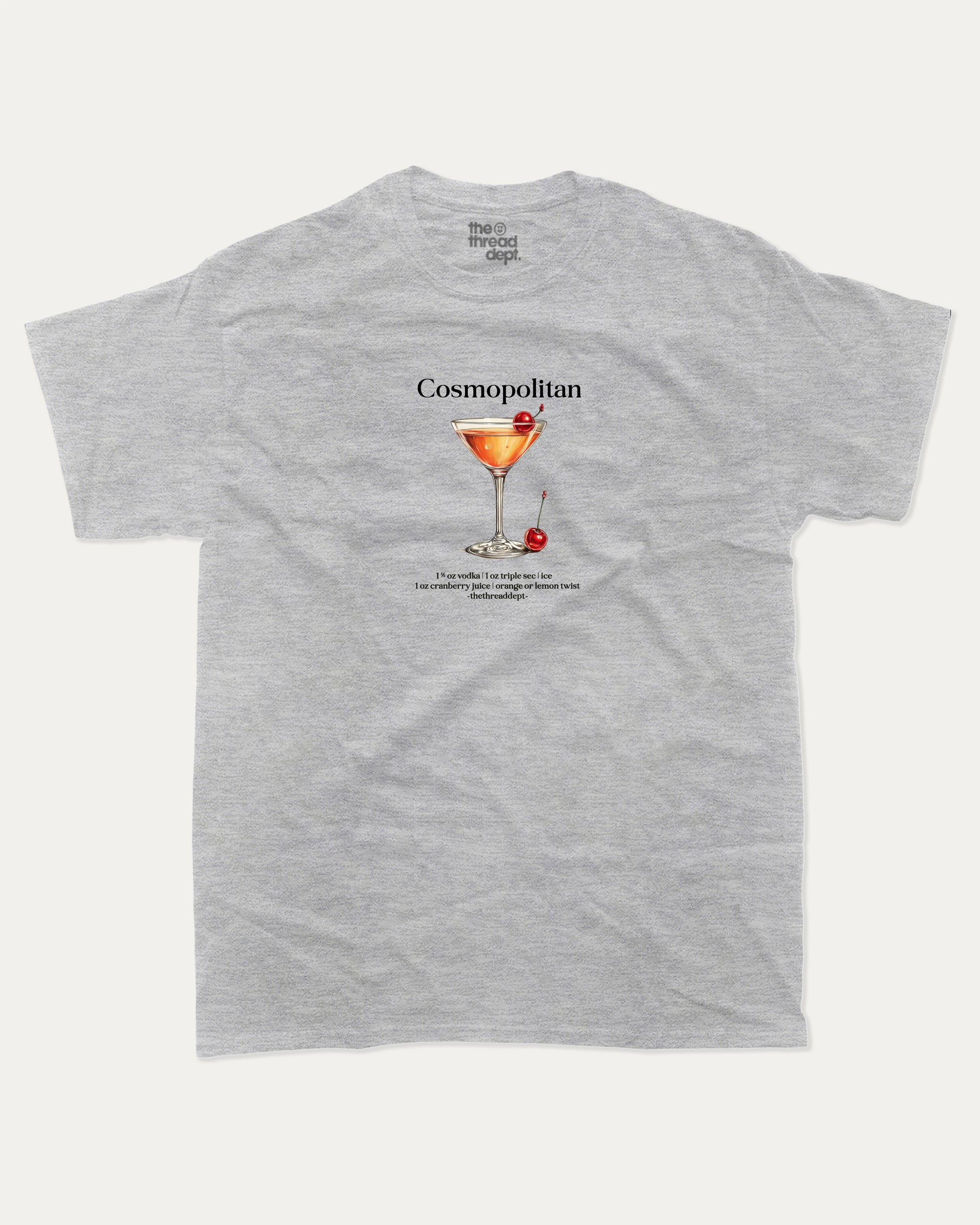 Gray t-shirt with a graphic of a cosmopolitan cocktail and text on a white background