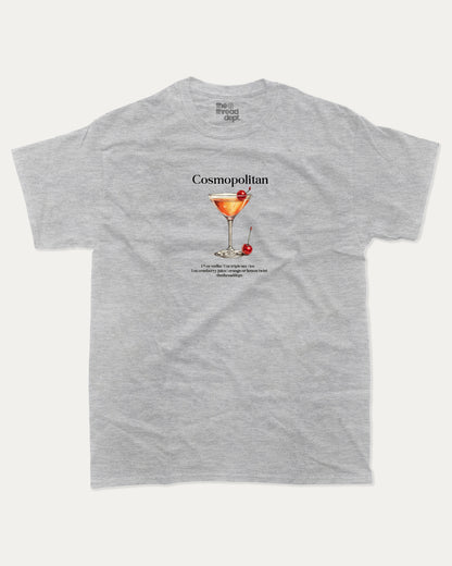 Gray t-shirt with a graphic of a cosmopolitan cocktail and text on a white background