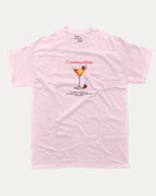Pink t-shirt with a graphic of a cosmopolitan cocktail and text on a white background