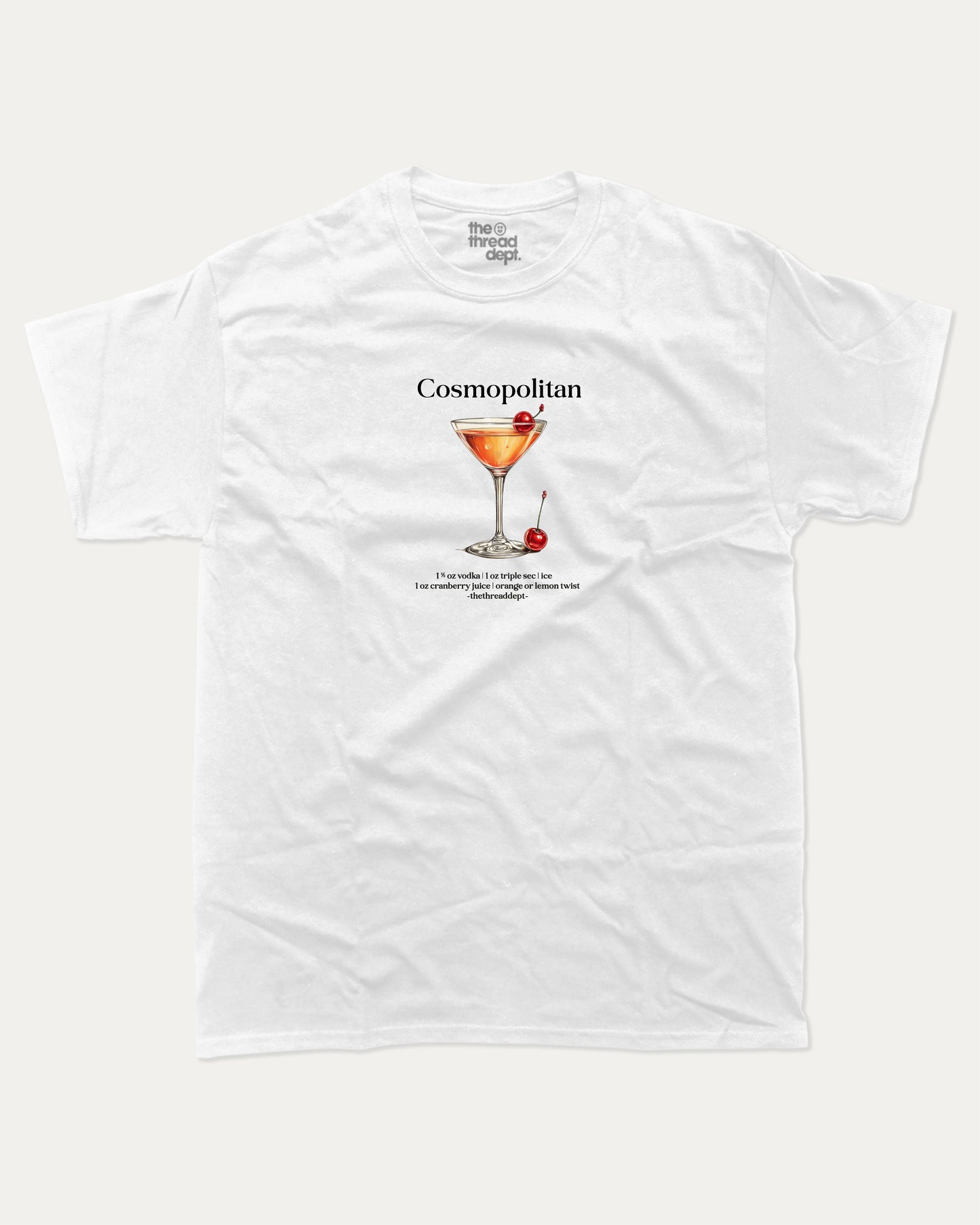 White t-shirt with a graphic of a cosmopolitan cocktail and text on a white background