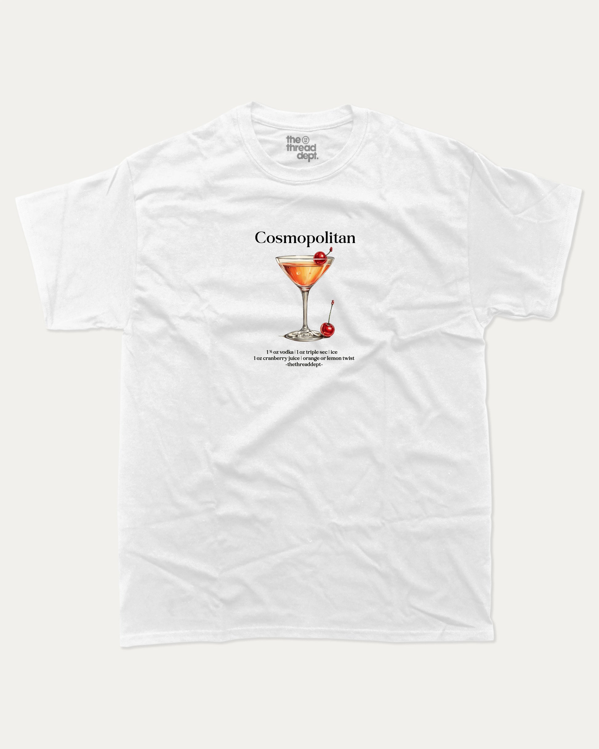 White t-shirt with a graphic of a cosmopolitan cocktail and text on a white background