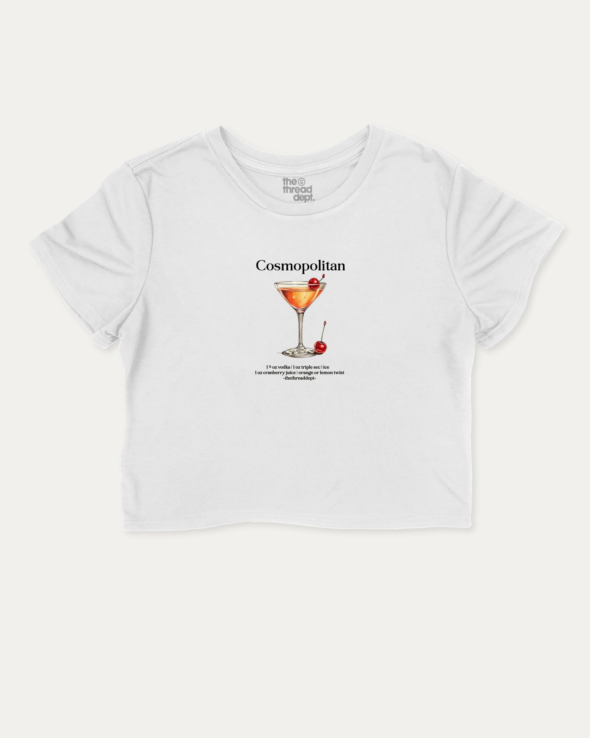 White t-shirt with a graphic of a cosmopolitan cocktail and text on a white background