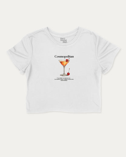 White t-shirt with a graphic of a cosmopolitan cocktail and text on a white background