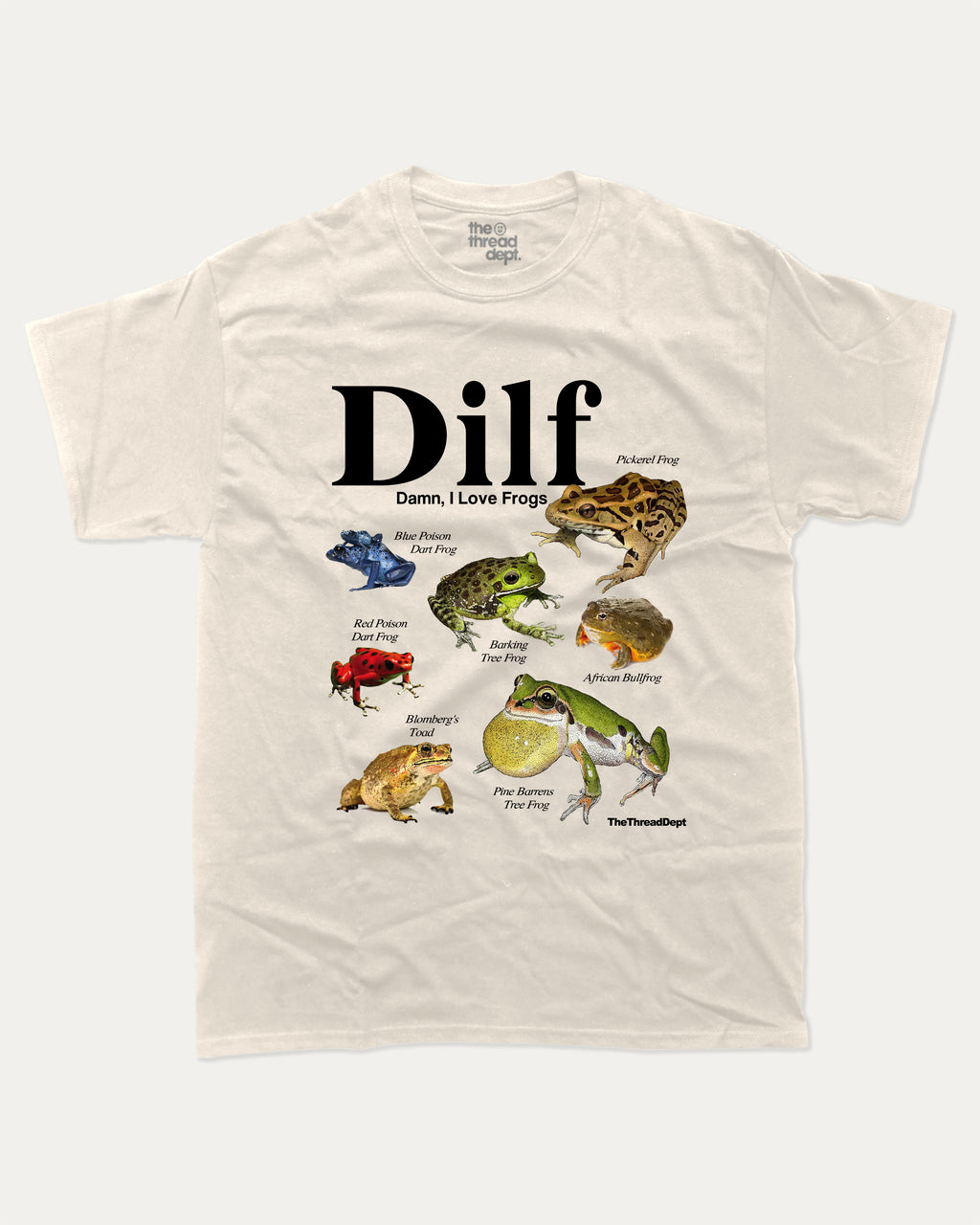 White t-shirt with Damn I Love Frogs illustrations and text on a plain background