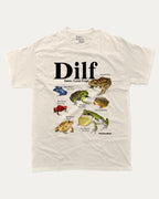 White t-shirt with Damn I Love Frogs illustrations and text on a plain background