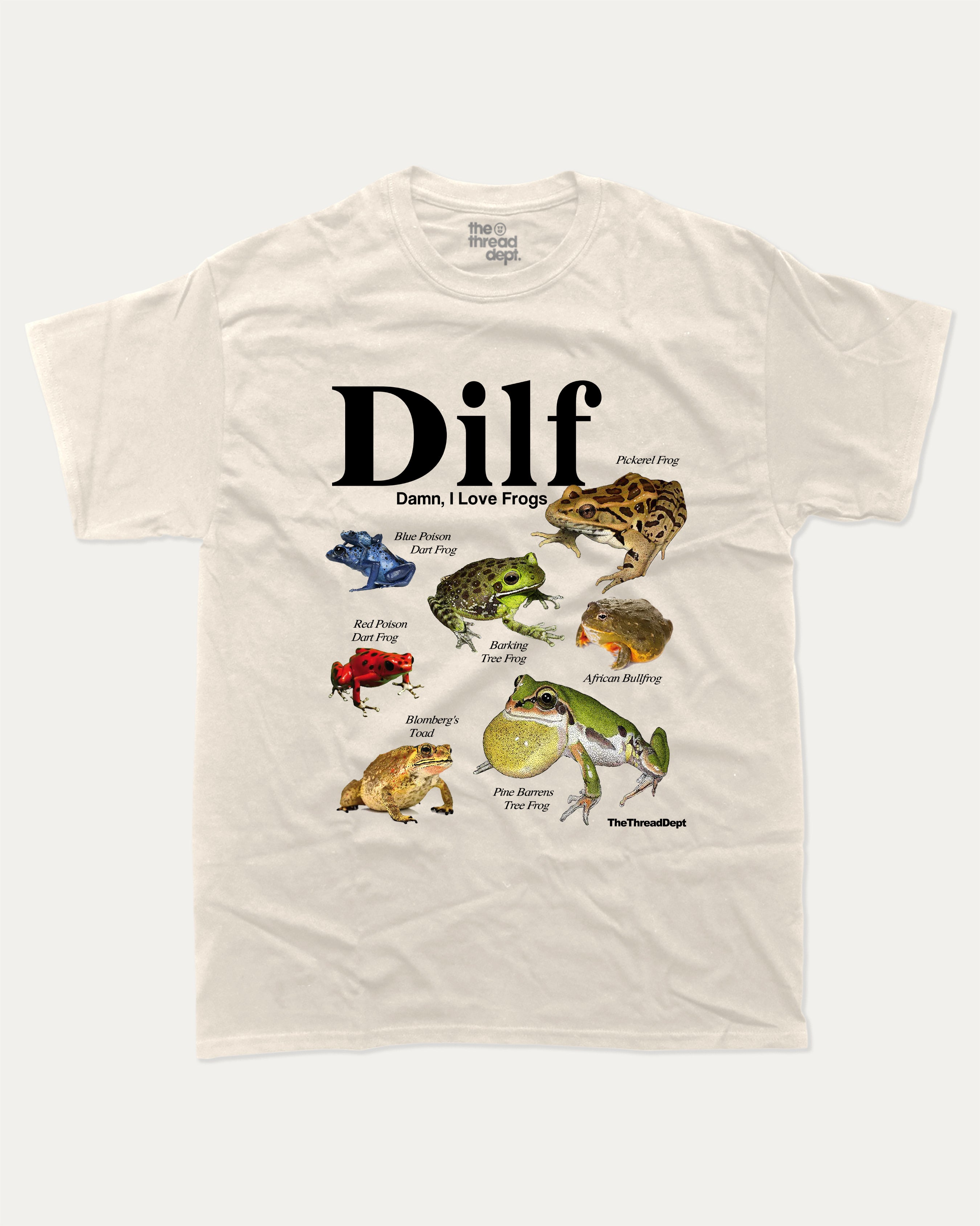 White t-shirt with Damn I Love Frogs illustrations and text on a plain background