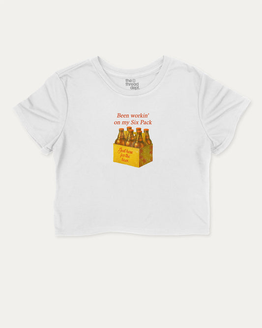 Been workin on my Six Pack cute and trendy crop tee with nostalgic graphic, perfect for women. A must-have cropped aesthetic shirt, ideal for daily outfits and casual days. White crop tee