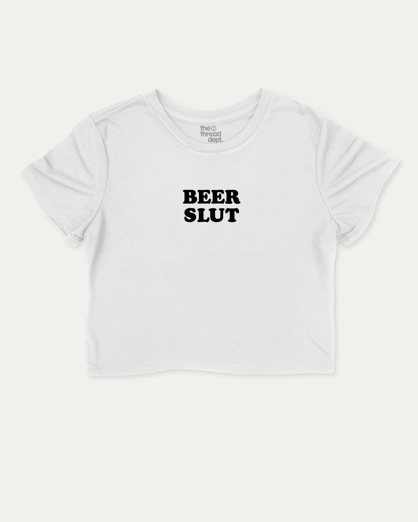 Beer Slut cute and trendy crop tee with nostalgic graphic, perfect for women. A must-have cropped aesthetic shirt, ideal for daily outfits and casual days. White crop tee