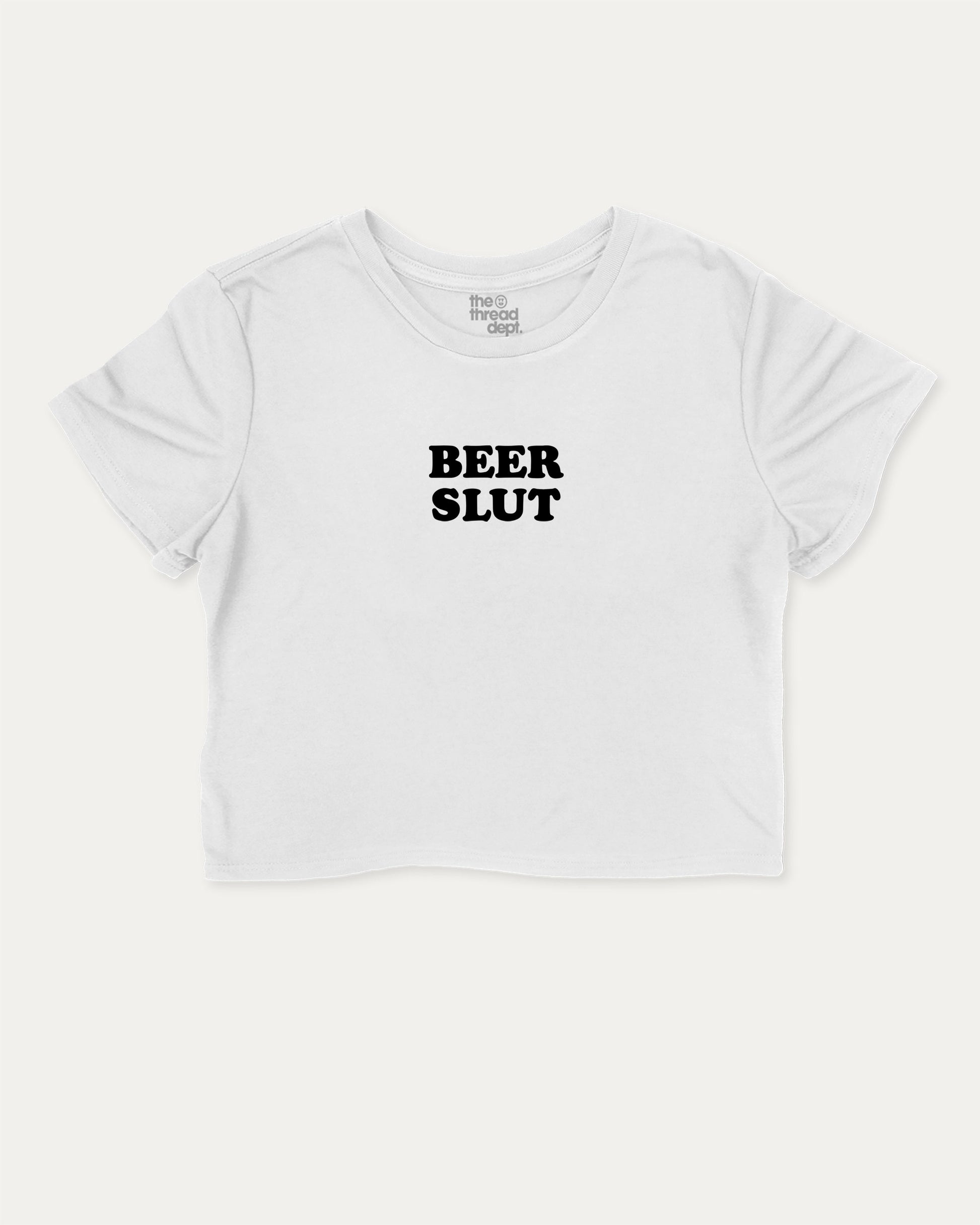 Beer Slut cute and trendy crop tee with nostalgic graphic, perfect for women. A must-have cropped aesthetic shirt, ideal for daily outfits and casual days. White crop tee