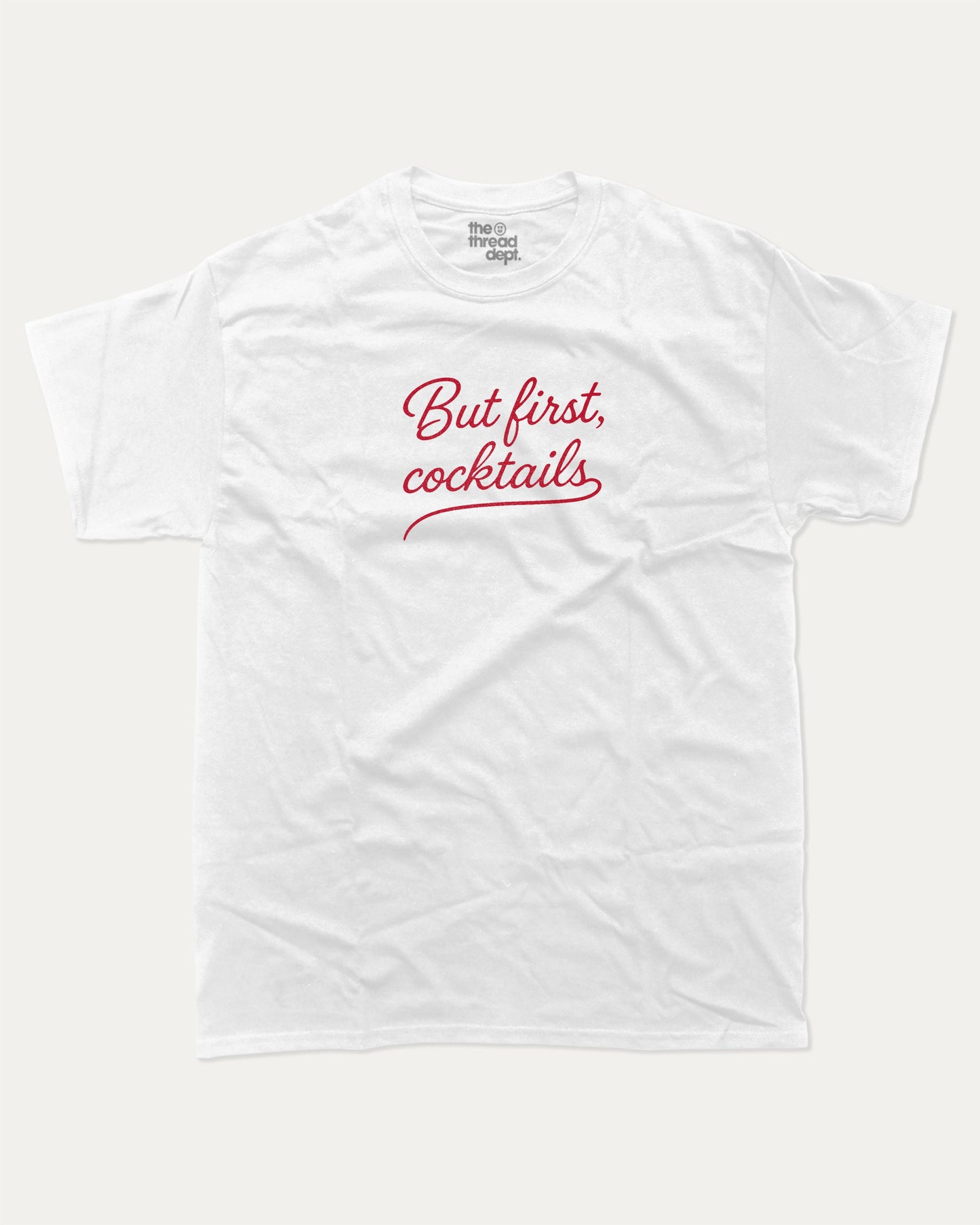 But first cocktails graphic crop tee, perfect for adults. A must-have funny tee, trending meme shirt, unique gift idea. White.