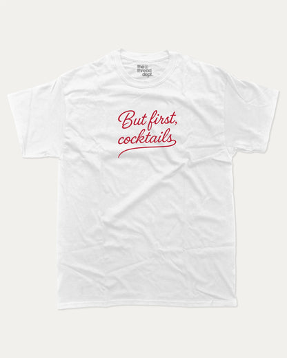 But first cocktails graphic crop tee, perfect for adults. A must-have funny tee, trending meme shirt, unique gift idea. White.