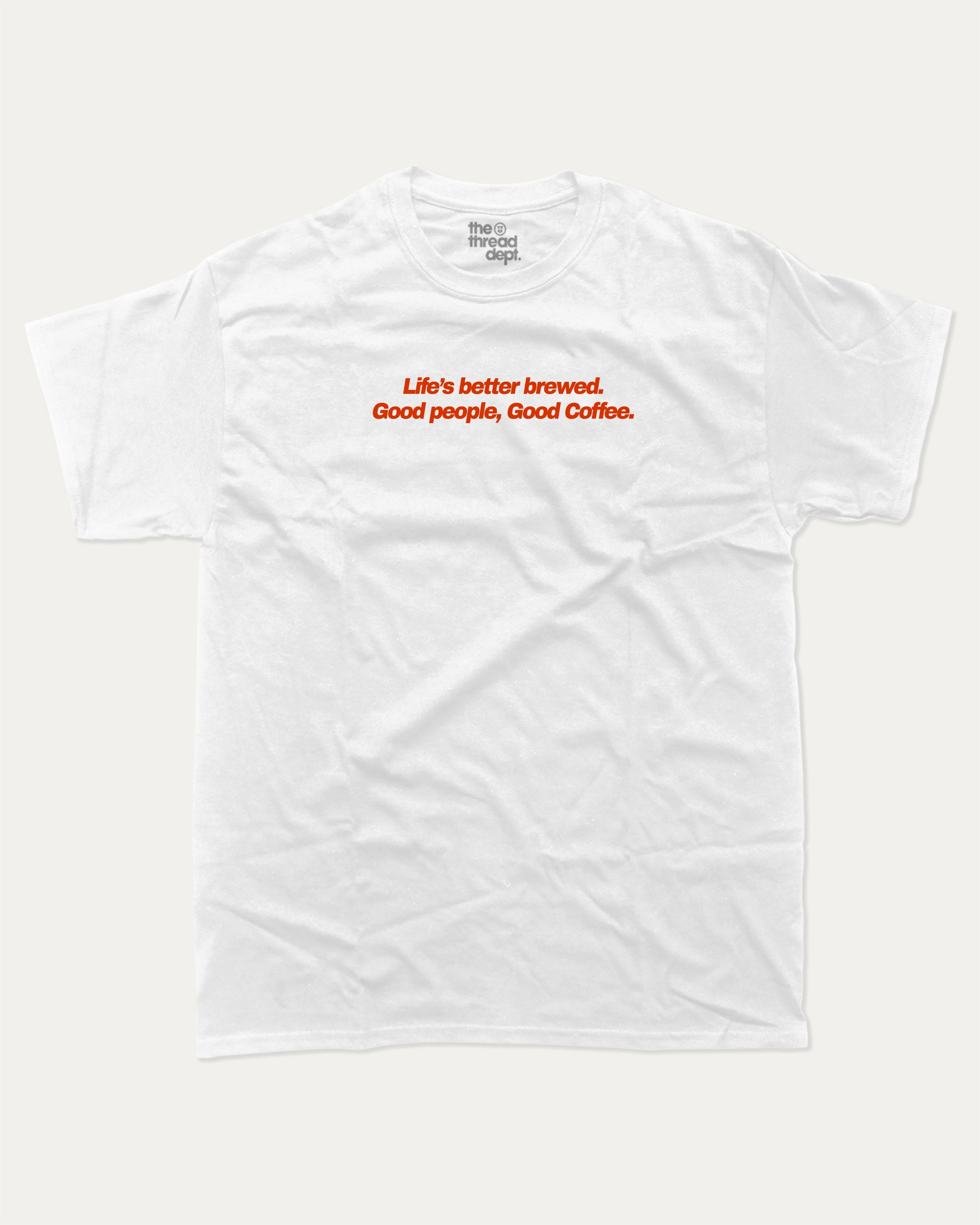 Caffeinated Friends Club graphic tee with bold and humorous print, Perfect Gift for Coffee Lovers, Coffee Graphic T shirt,  funny and trendy graphic. Perfect for adults and gift-giving. White shirt.