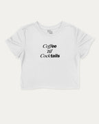 Coffee Til Cocktails graphic crop tee with funny and trendy slogan print, Perfect Gift to Coffee Lover, Caffeine Graphic T shirt, perfect for women_ casual looks or layering. White crop t-shirt.