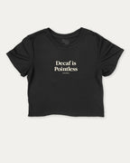 Decaf is Pointless graphic crop tee with funny and trendy slogan print, perfect for women’s casual looks or layering. Black crop t-shirt.